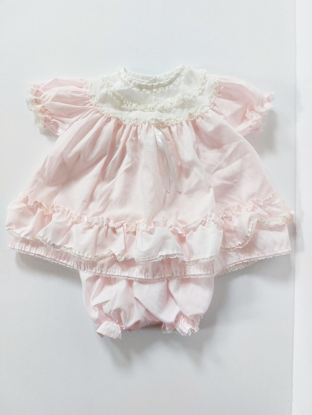 2pc Vintage Pink Baby Dress & Bloomers Alexis 3m Cottagecore 80s Ruffles Lace